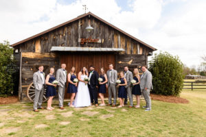 Middle Georgia Wedding, Plantation Farms wedding, bride and groom, wedding day, farm wedding, garden wedding, bridal party standing in field in front of barn 